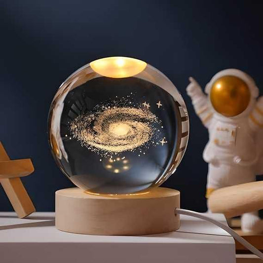3D Galaxy Crystal Ball Night Lamp with Wooden LED Base – Premium K10 Crystal, USB Powered Cosmic Night Light